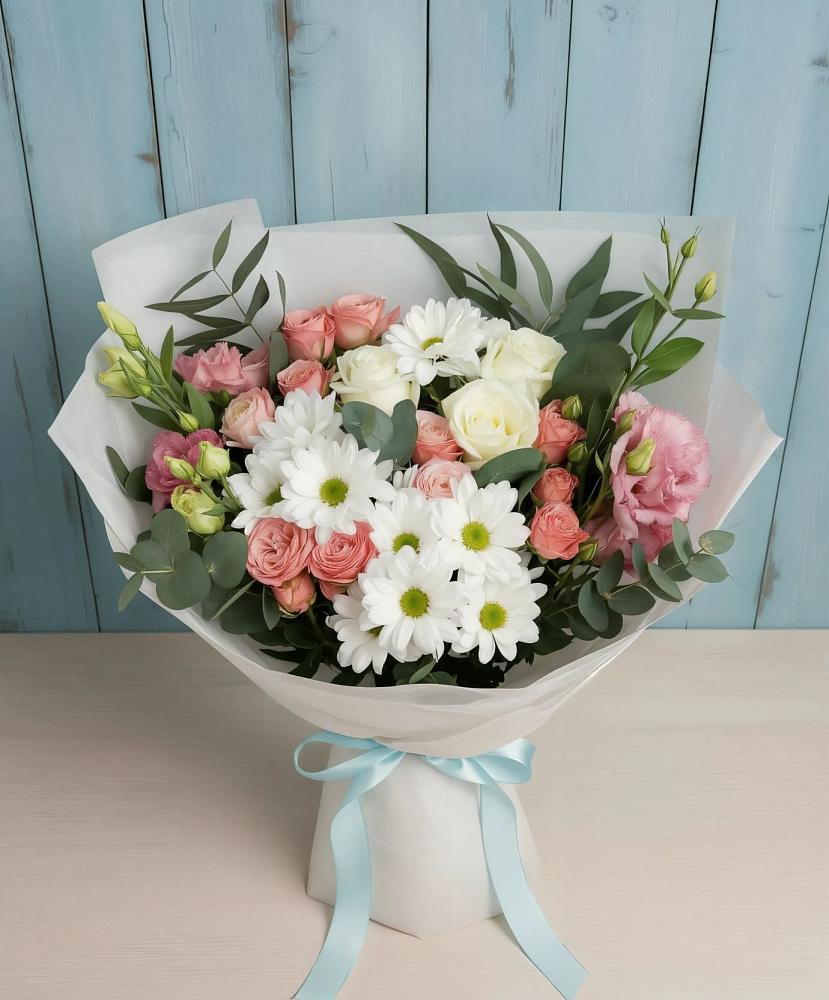 Букет цветов из: Розы, Лизиантусы и Хризантемы в Тарко-Сале
