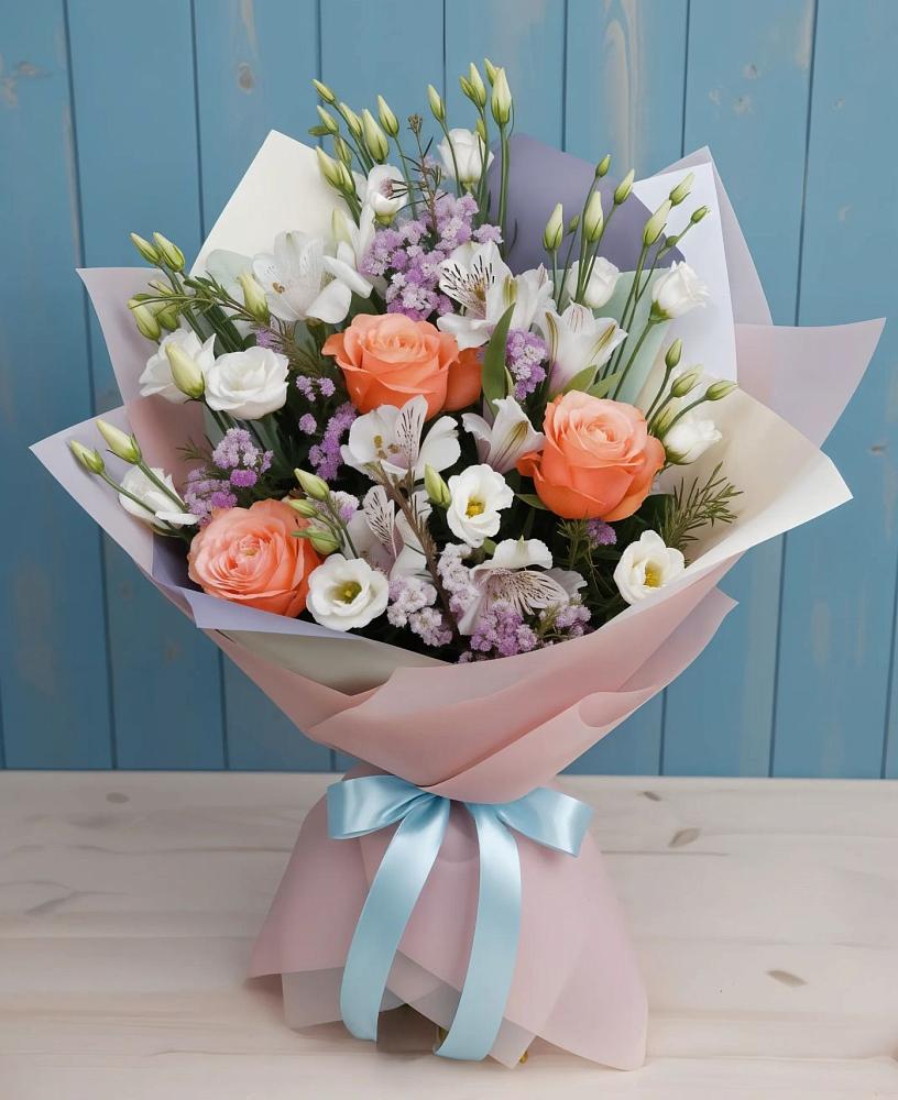 Букет цветов из: Лизиантусы, Розы, Альстромерии и Гипсофила в Тарко-Сале