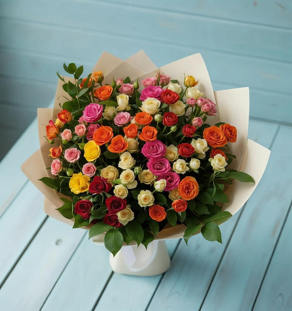 Букет Микс из разноцветных кустовых роз в Тарко-Сале